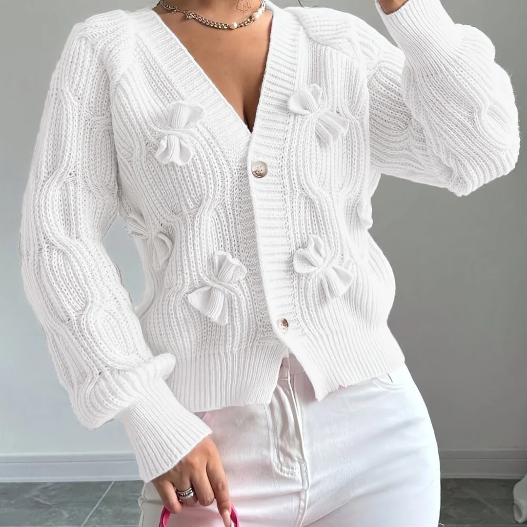 Women's Soft Bow-Detail Long Sleeve Cardigan Cable-Knit