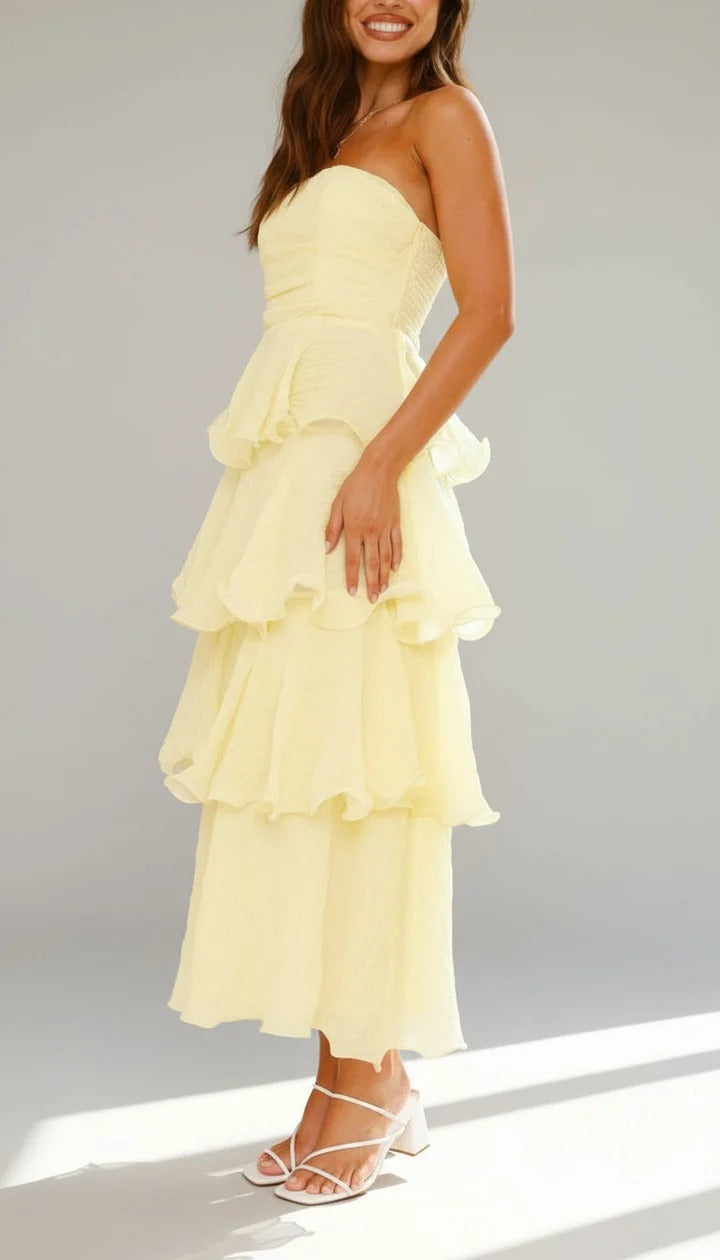 Strapless Tiered Ruffle Maxi Dress Ruched Bodice Wedding Guest