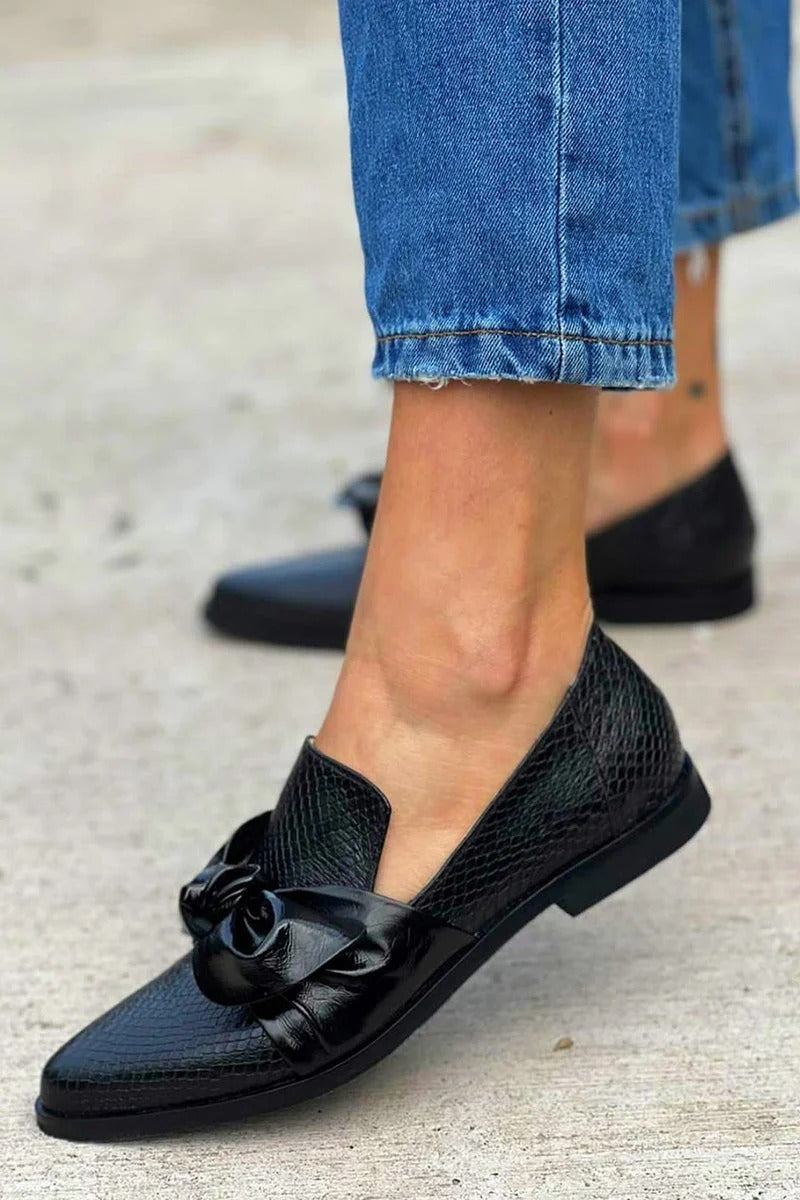 Women's Black Bow Loafers Snakeskin Print PU Leather Elegant Slip-On
