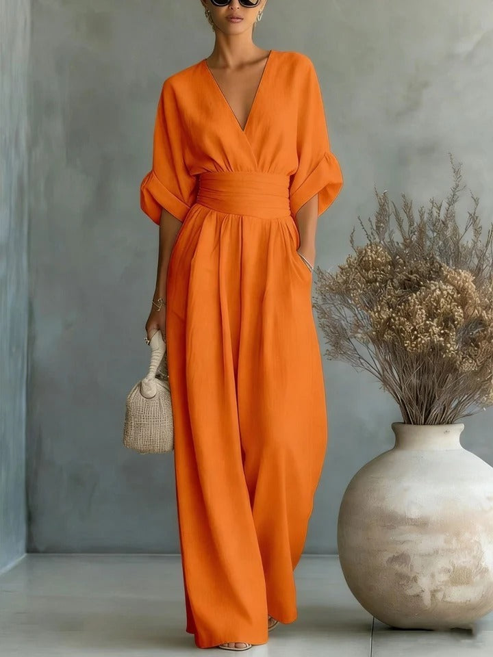 Deep V-Neck Wide-Leg Jumpsuit