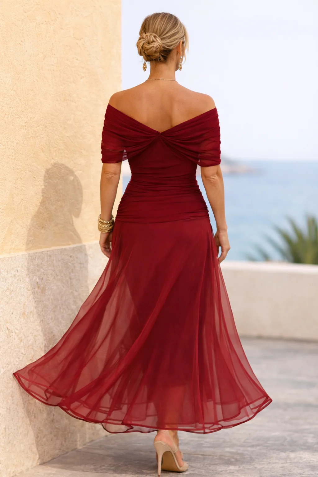 Chiffon Maxi Dress V-Neck Ruched Waist Floaty Sleeves