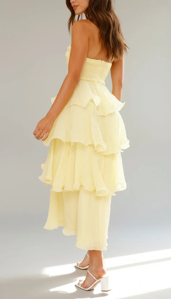 Strapless Tiered Ruffle Maxi Dress Ruched Bodice Wedding Guest