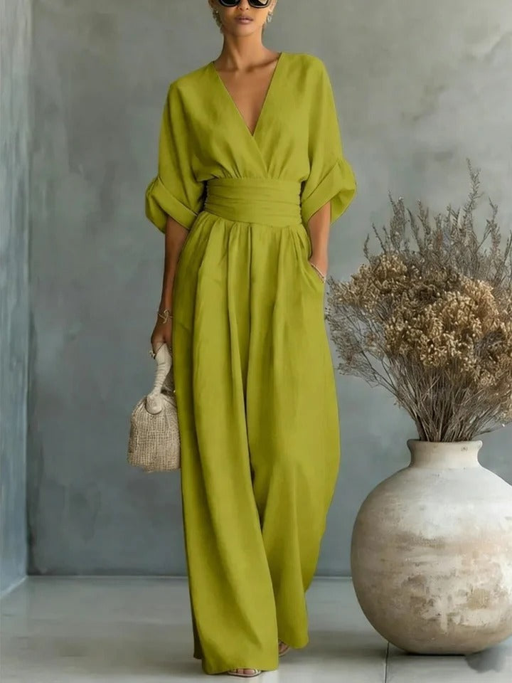 Deep V-Neck Wide-Leg Jumpsuit