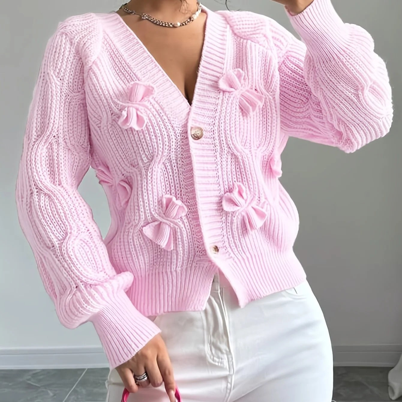 Women's Soft Bow-Detail Long Sleeve Cardigan Cable-Knit