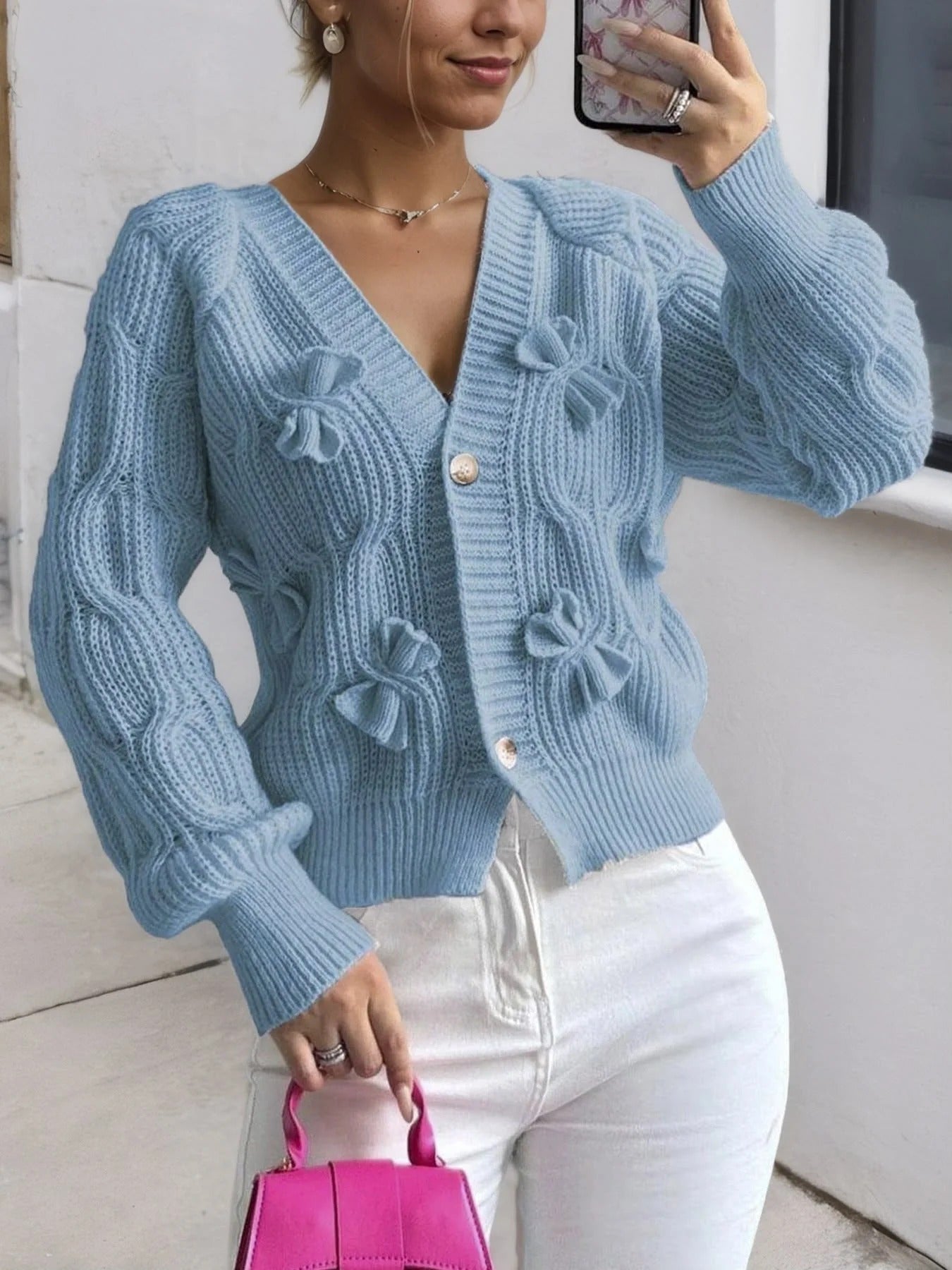 Women's Soft Bow-Detail Long Sleeve Cardigan Cable-Knit
