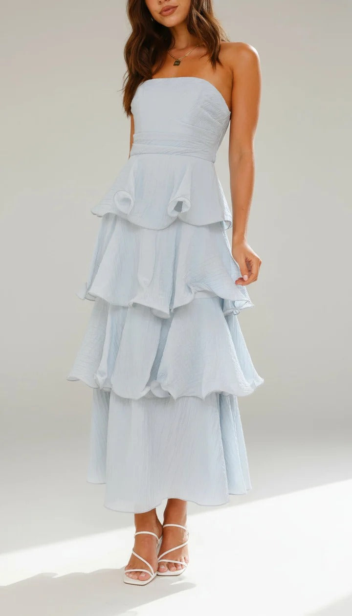 Strapless Tiered Ruffle Maxi Dress Ruched Bodice Wedding Guest