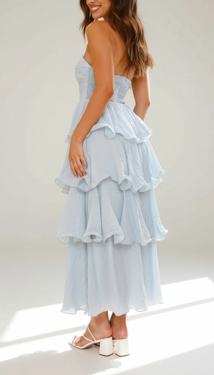 Strapless Tiered Ruffle Maxi Dress Ruched Bodice Wedding Guest