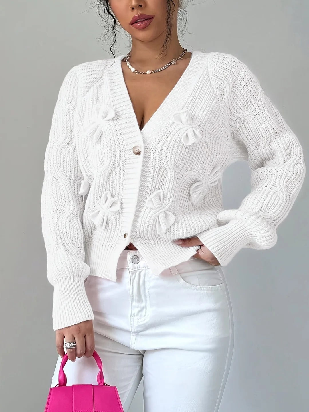 Women's Soft Bow-Detail Long Sleeve Cardigan Cable-Knit