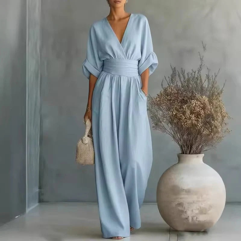 Deep V-Neck Wide-Leg Jumpsuit