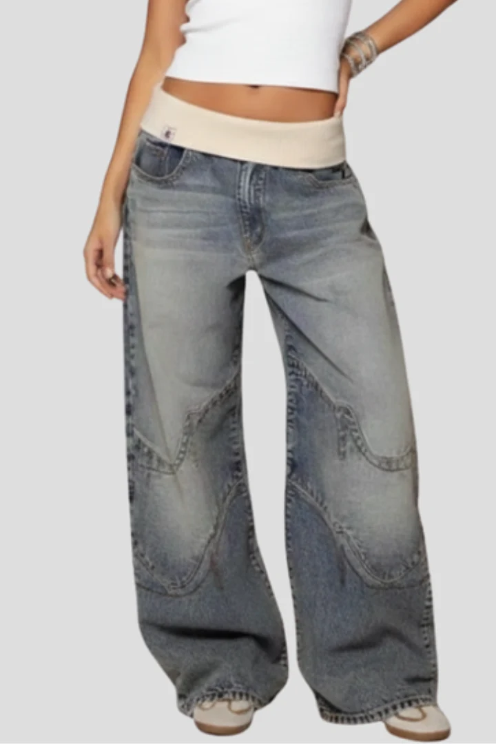 Casual Baggy Wide-Leg Denim Trousers Curved Seam Detail