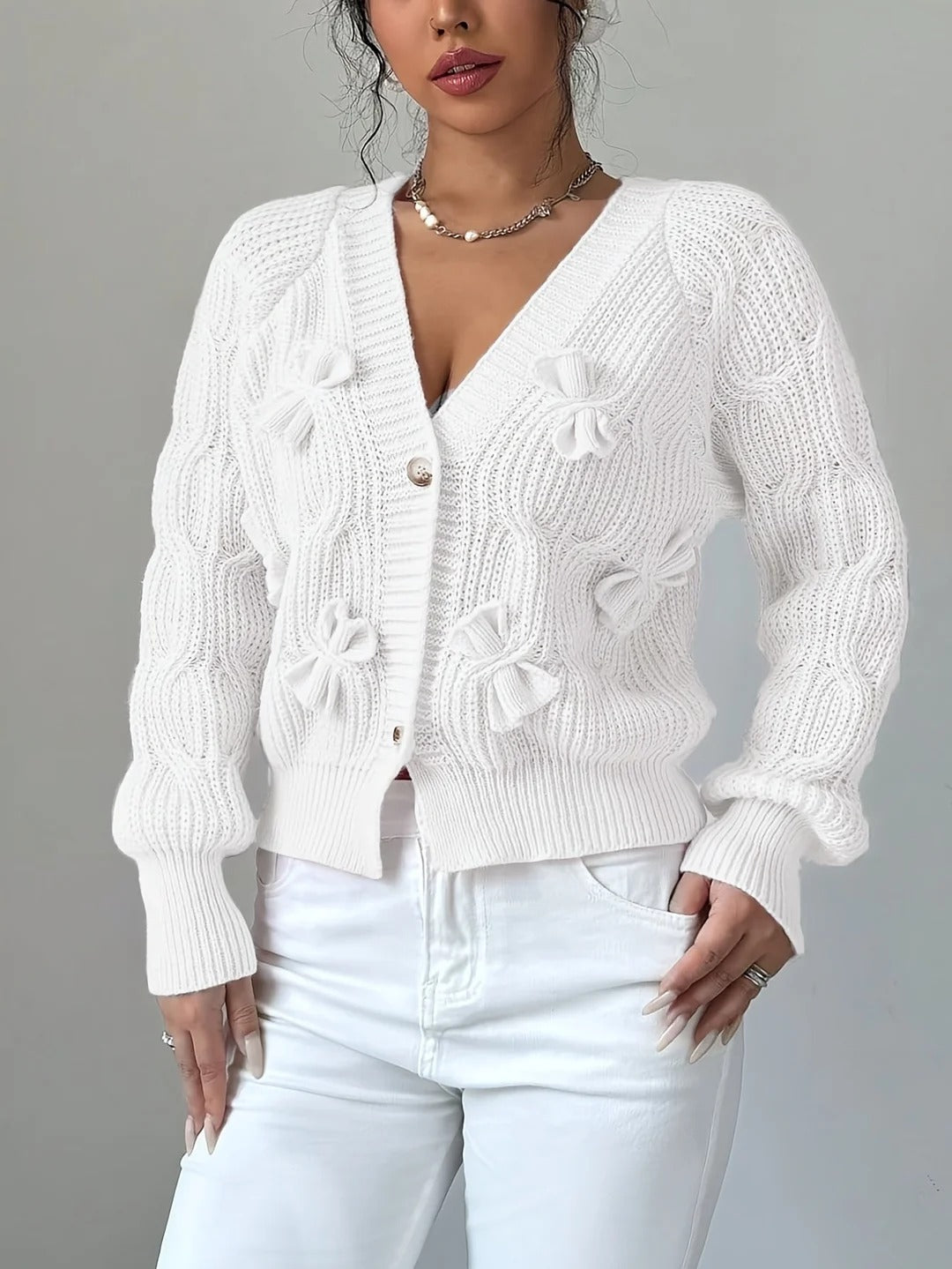 Women's Soft Bow-Detail Long Sleeve Cardigan Cable-Knit