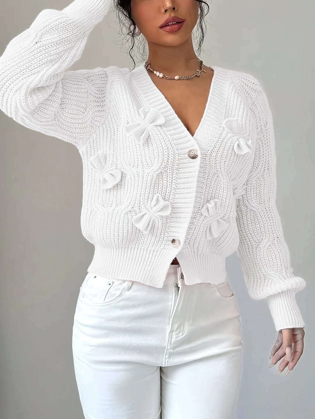 Women's Soft Bow-Detail Long Sleeve Cardigan Cable-Knit