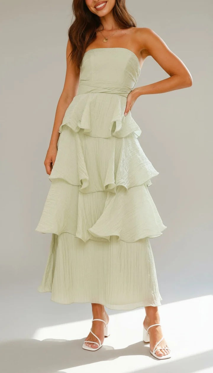 Strapless Tiered Ruffle Maxi Dress Ruched Bodice Wedding Guest