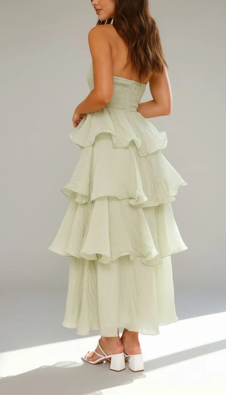 Strapless Tiered Ruffle Maxi Dress Ruched Bodice Wedding Guest