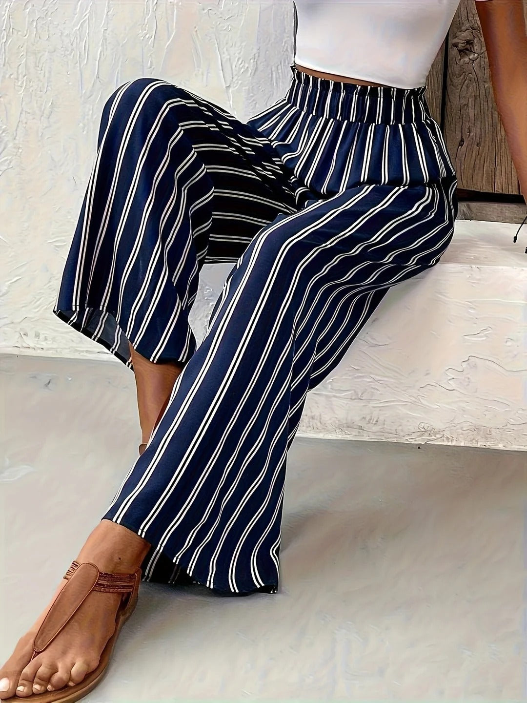 Navy Striped Palazzo Trousers Wide Elasticated Waist Flowing Leg