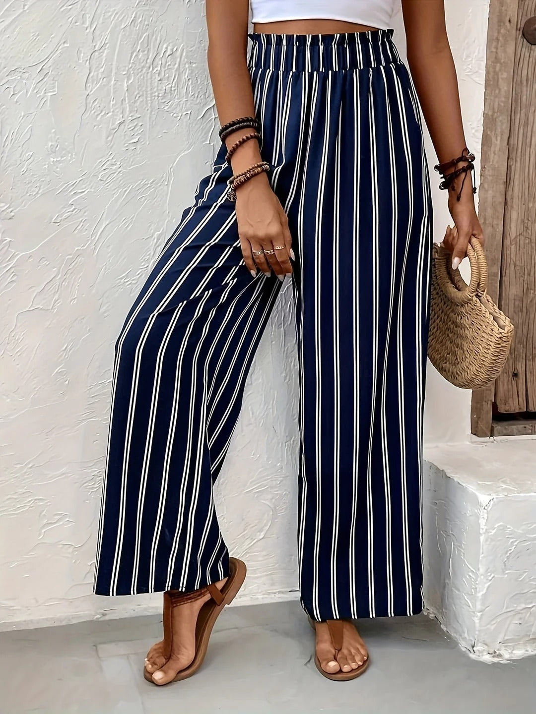 Navy Striped Palazzo Trousers Wide Elasticated Waist Flowing Leg