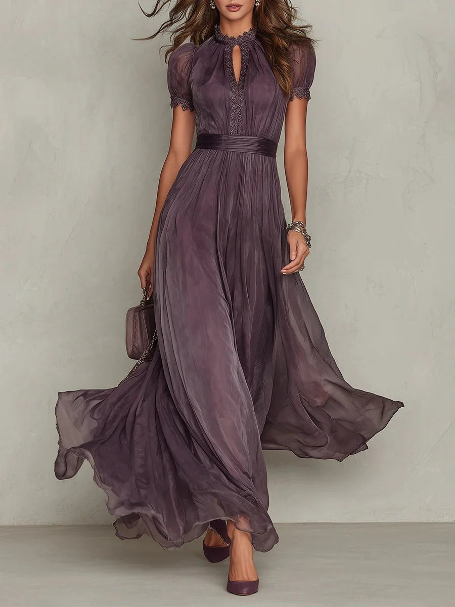 Mauve Chiffon Maxi Dress Lace Trim