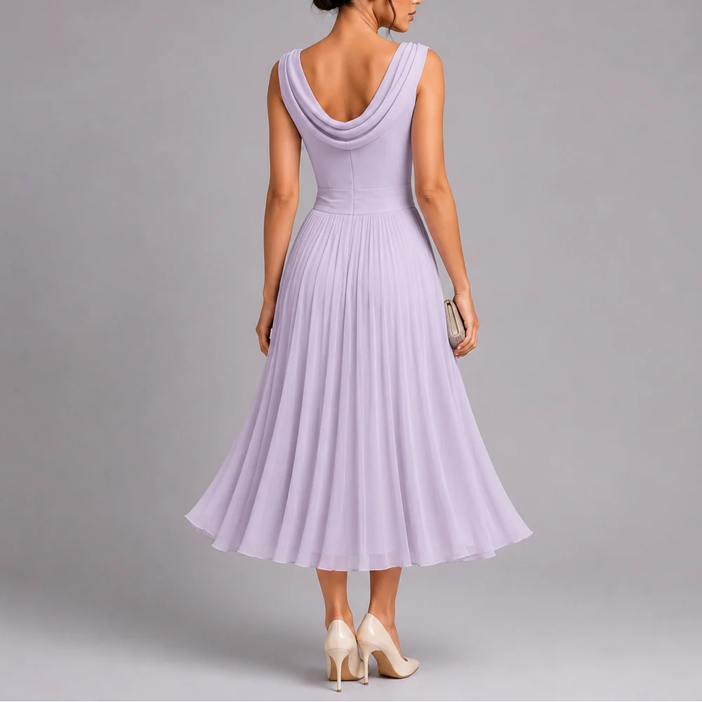 Pleated Midi Dress Draped Neckline