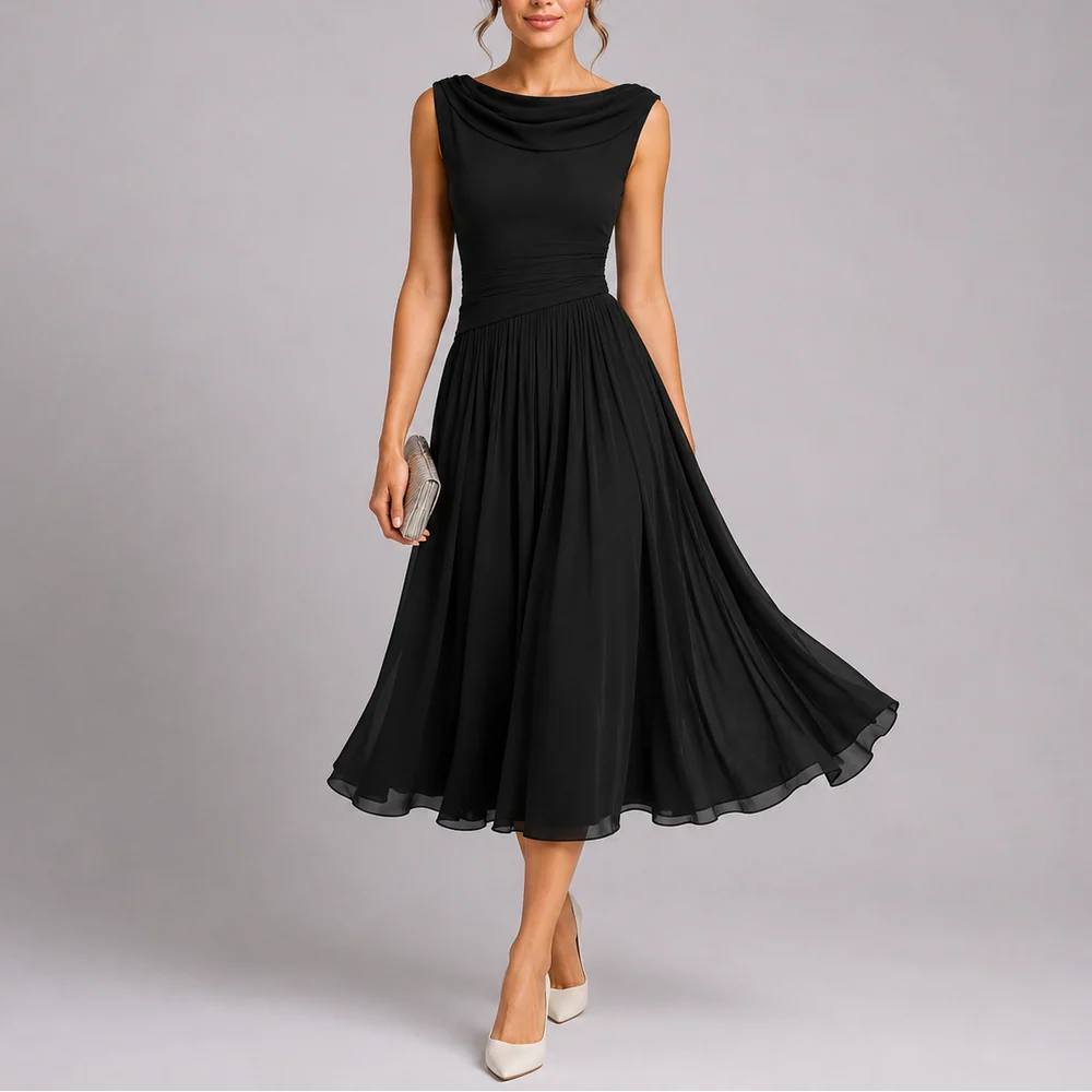 Pleated Midi Dress Draped Neckline