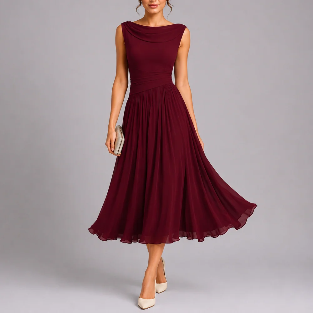 Pleated Midi Dress Draped Neckline