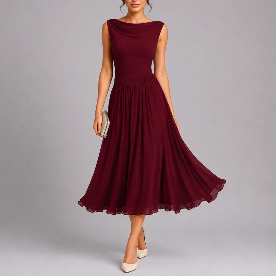 Pleated Midi Dress Draped Neckline