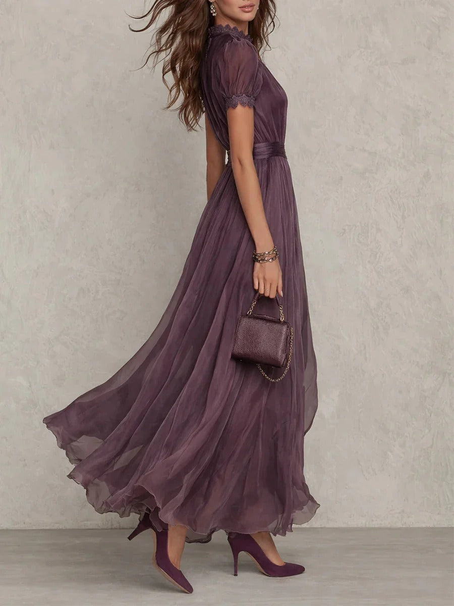 Mauve Chiffon Maxi Dress Lace Trim