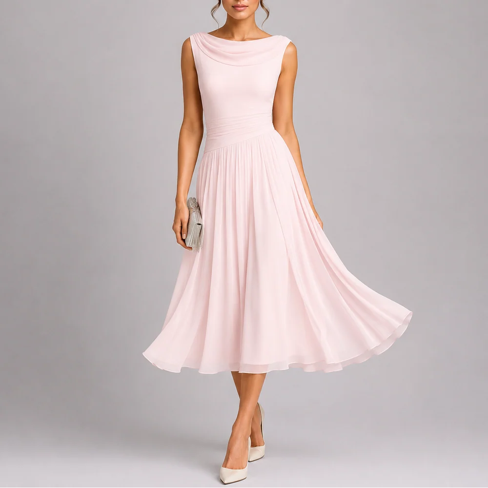 Pleated Midi Dress Draped Neckline