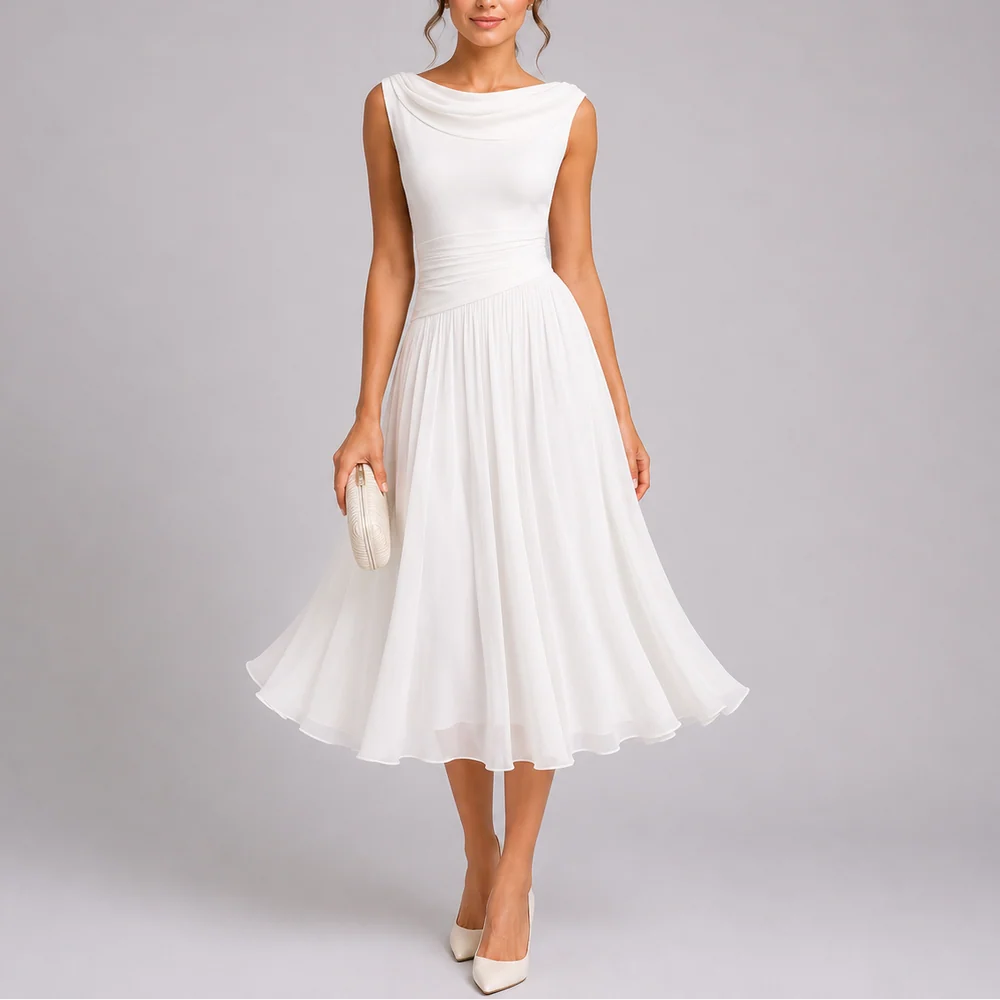Pleated Midi Dress Draped Neckline