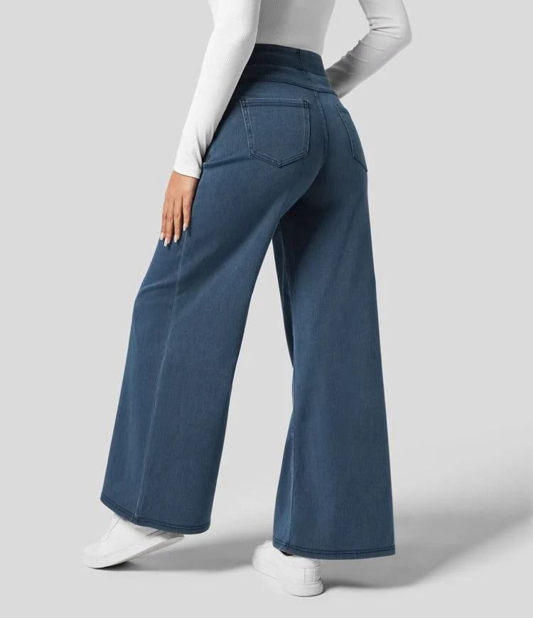 High Waist Wide Leg Jeans Pull-On Waistband Stretch Denim