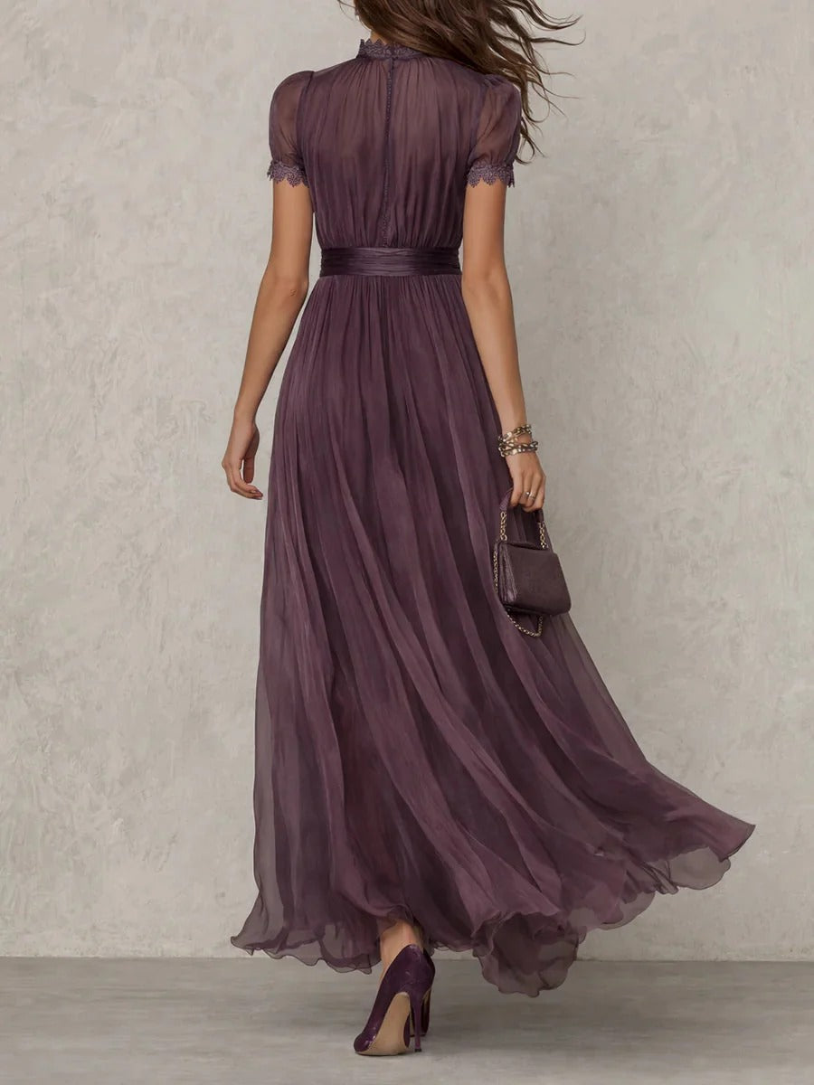 Mauve Chiffon Maxi Dress Lace Trim