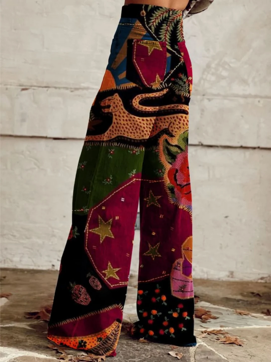 Colourful Printed Wide-Leg Trousers - Vibrant Statement Fit