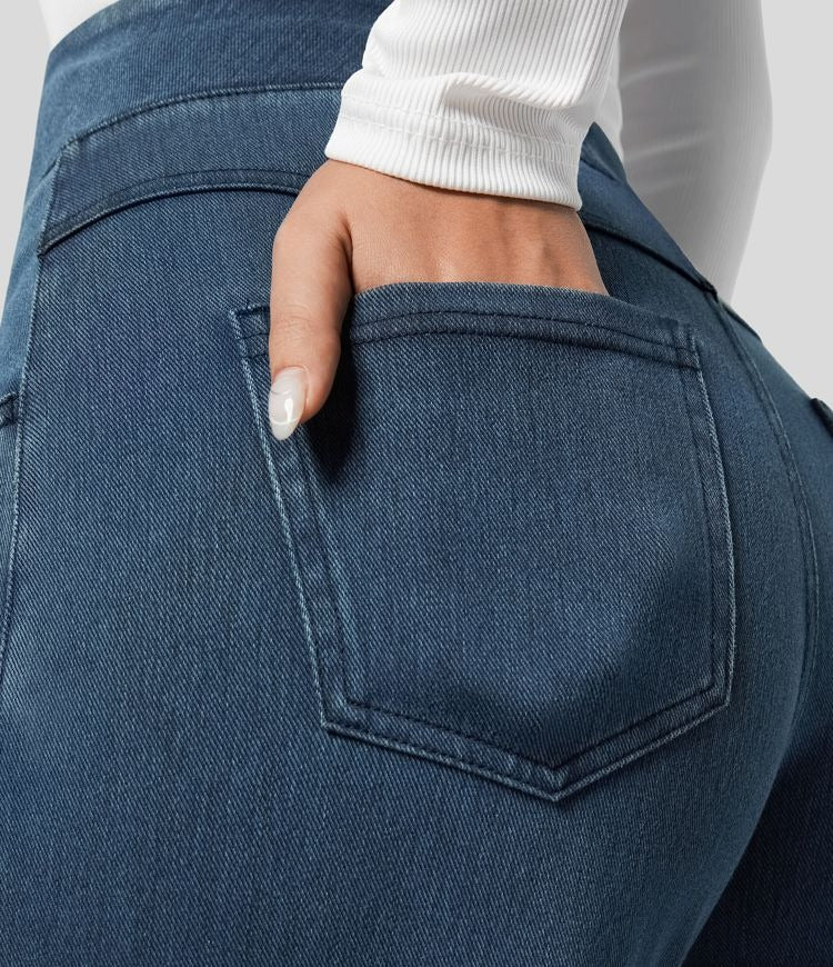 High Waist Wide Leg Jeans Pull-On Waistband Stretch Denim
