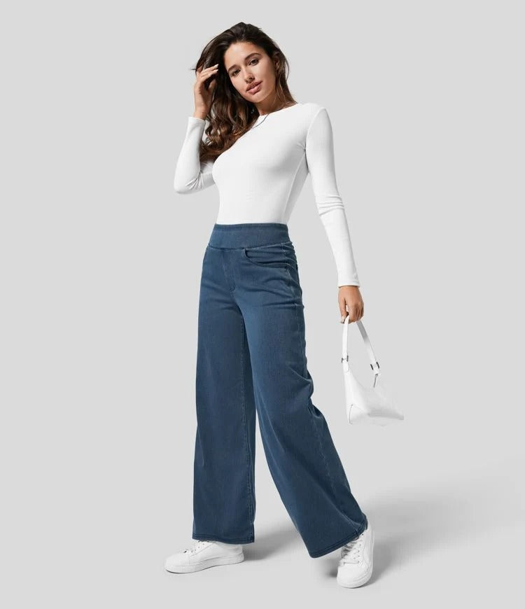 High Waist Wide Leg Jeans Pull-On Waistband Stretch Denim