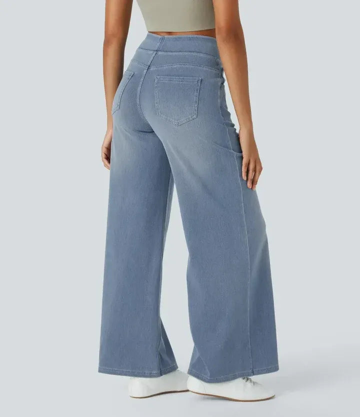 High Waist Wide Leg Jeans Pull-On Waistband Stretch Denim