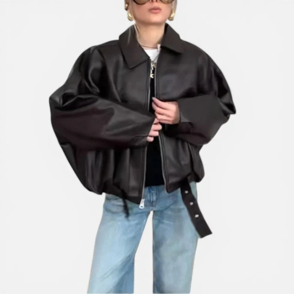 Belted Faux Leather Bomber Jacket