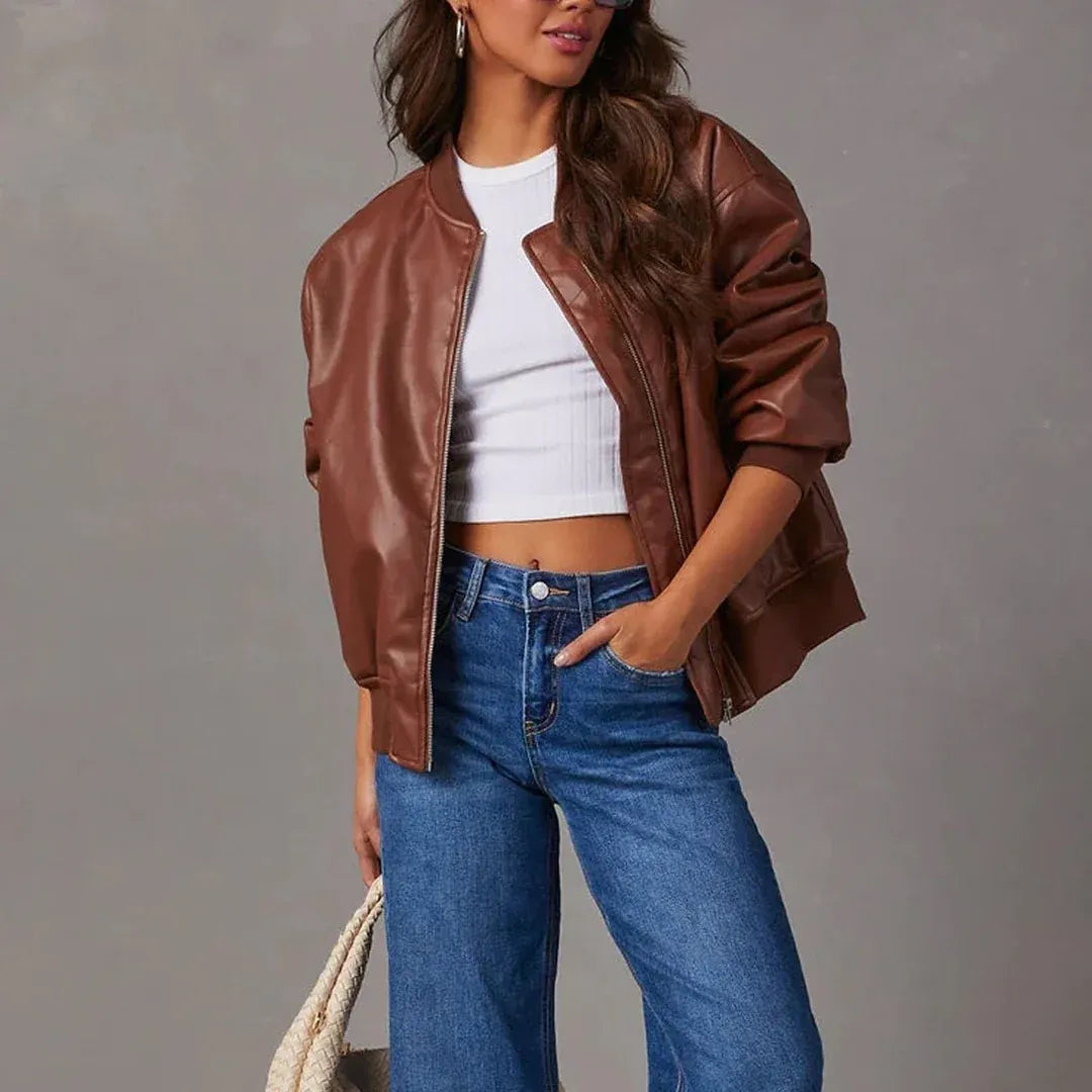 Oversized Faux Leather Bomber Jacket