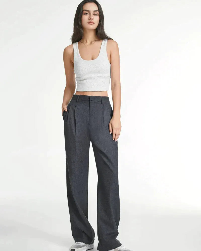 High Waist Wide Leg Tailored Trousers Pleated Front