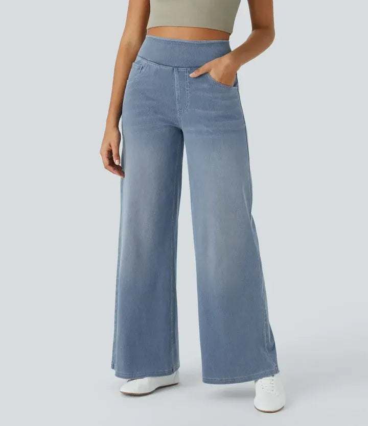 High Waist Wide Leg Jeans Pull-On Waistband Stretch Denim