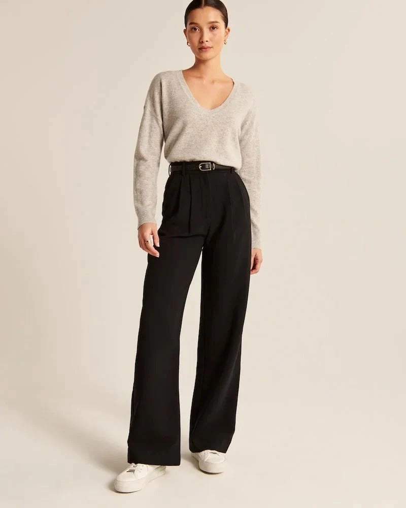 High Waist Wide Leg Tailored Trousers Pleated Front