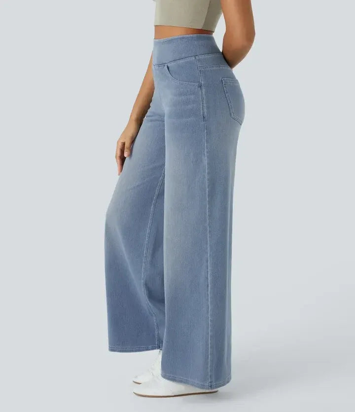 High Waist Wide Leg Jeans Pull-On Waistband Stretch Denim