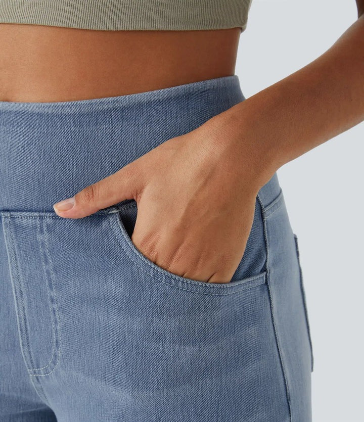 High Waist Wide Leg Jeans Pull-On Waistband Stretch Denim
