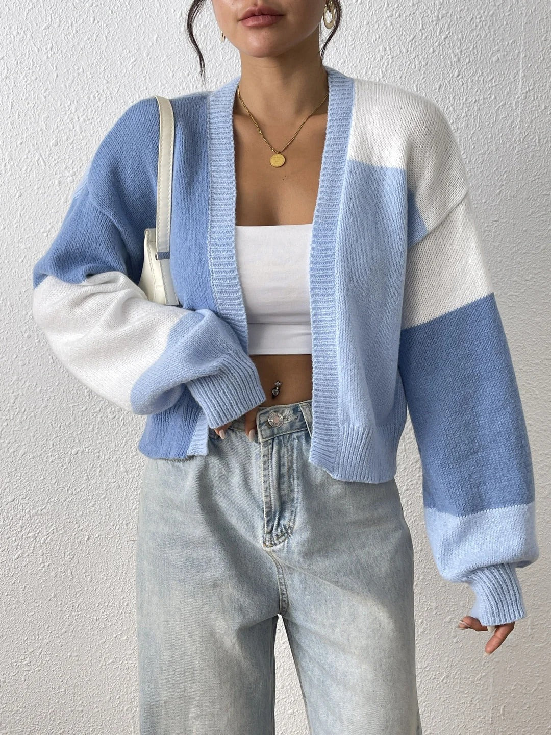 Cropped Colour Block Cardigan Open Front Ribbed Cuffs