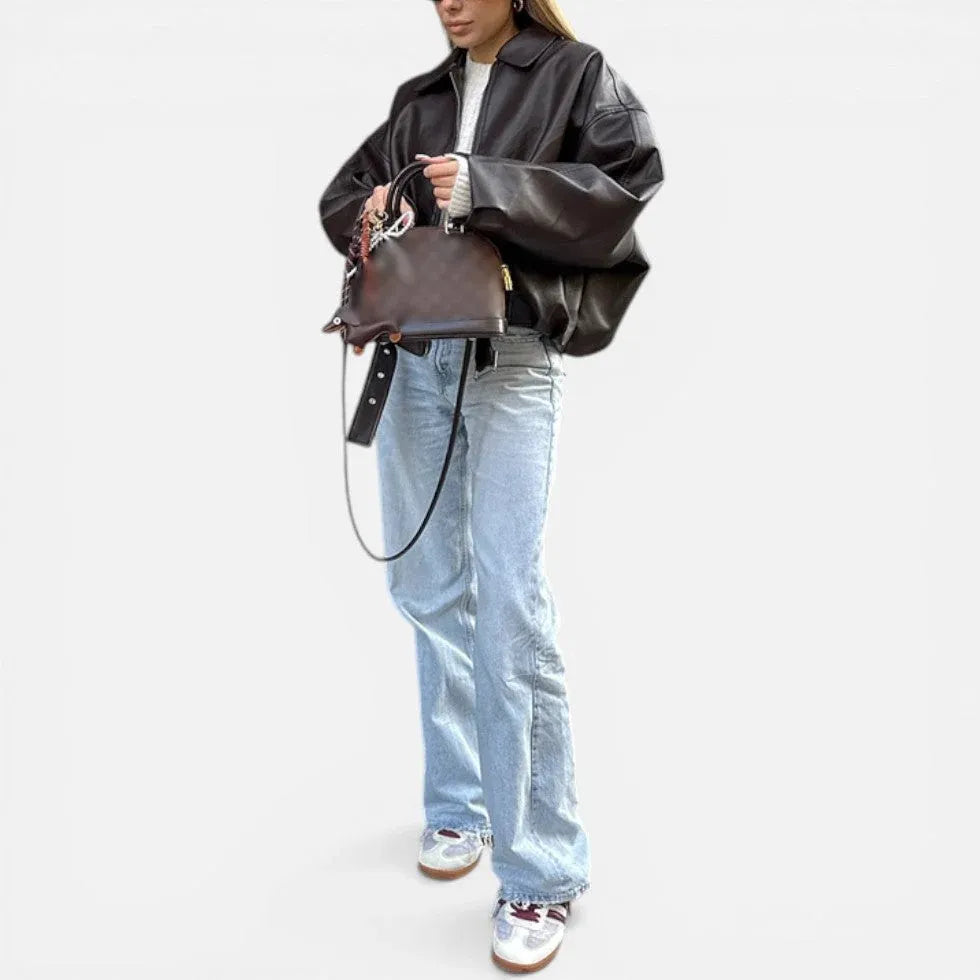 Belted Faux Leather Bomber Jacket