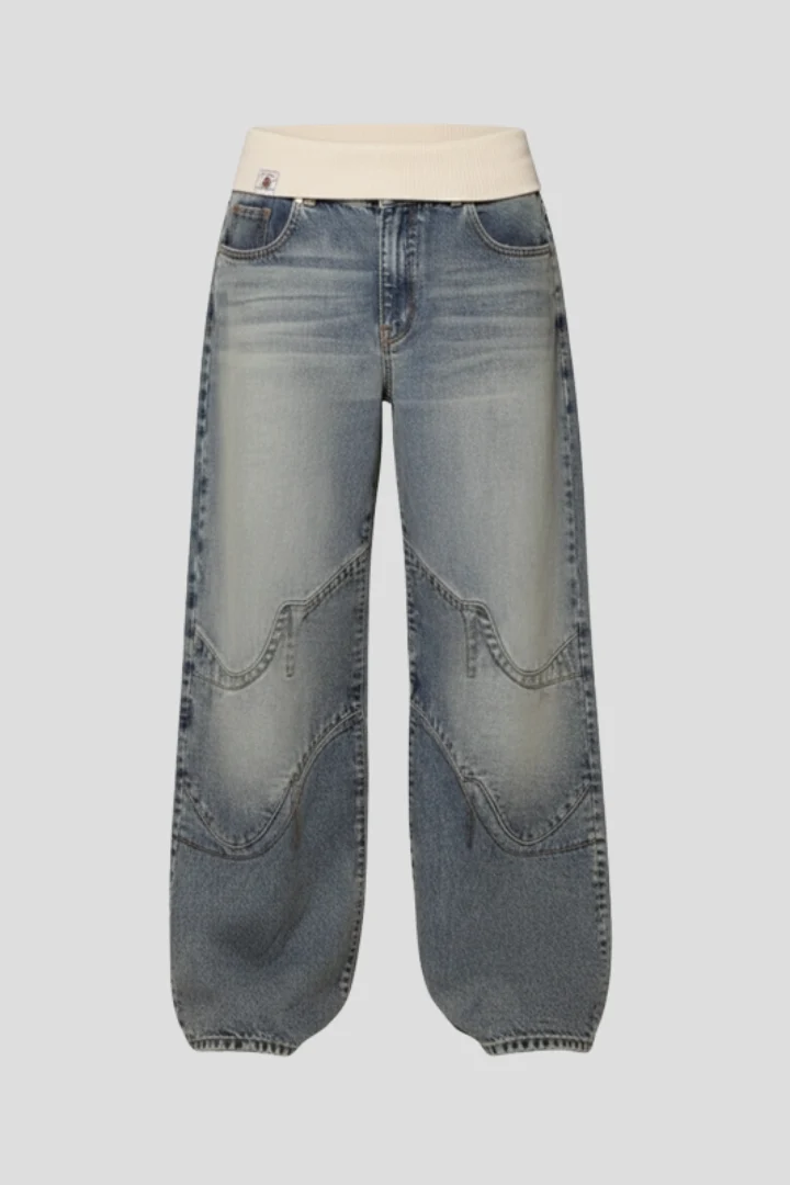 Casual Baggy Wide-Leg Denim Trousers Curved Seam Detail