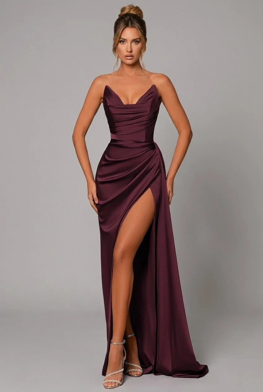 Women's Satin Maxi Dress Sweetheart Neckline Open Back Ruched Bodice