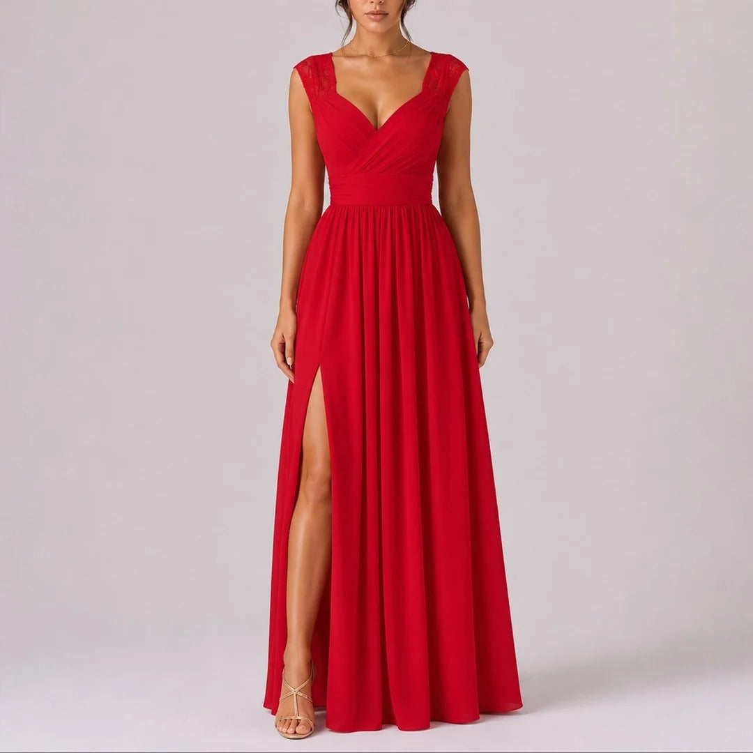 Lace Shoulder Wedding Guest Maxi Dress V-Neck Wrap Ruched Waist