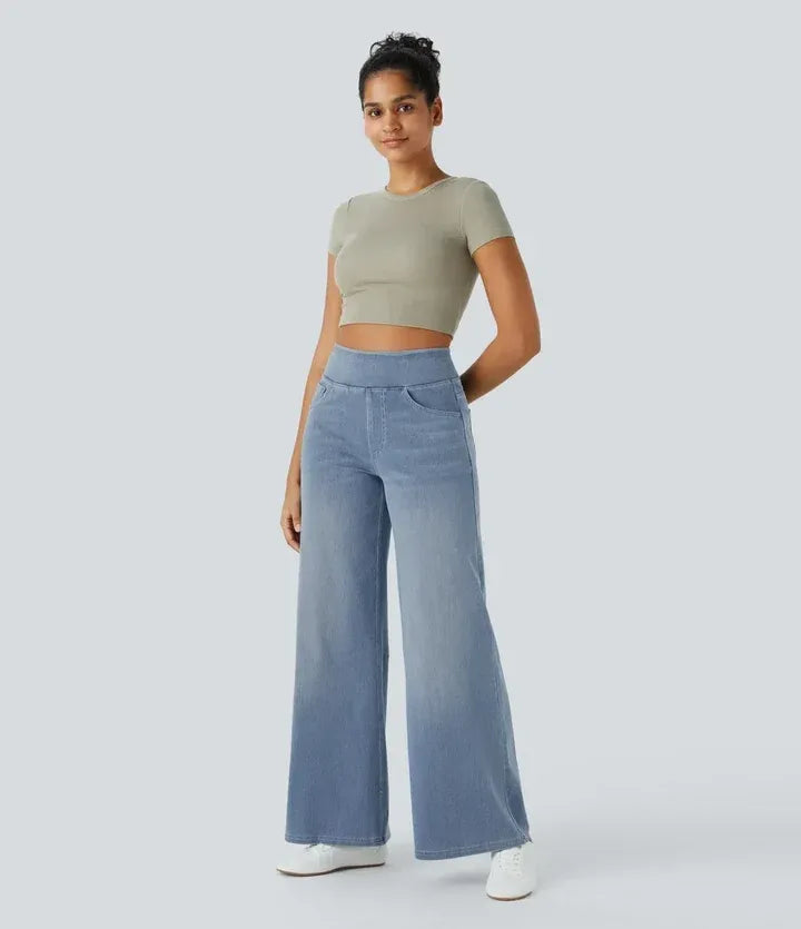 High Waist Wide Leg Jeans Pull-On Waistband Stretch Denim