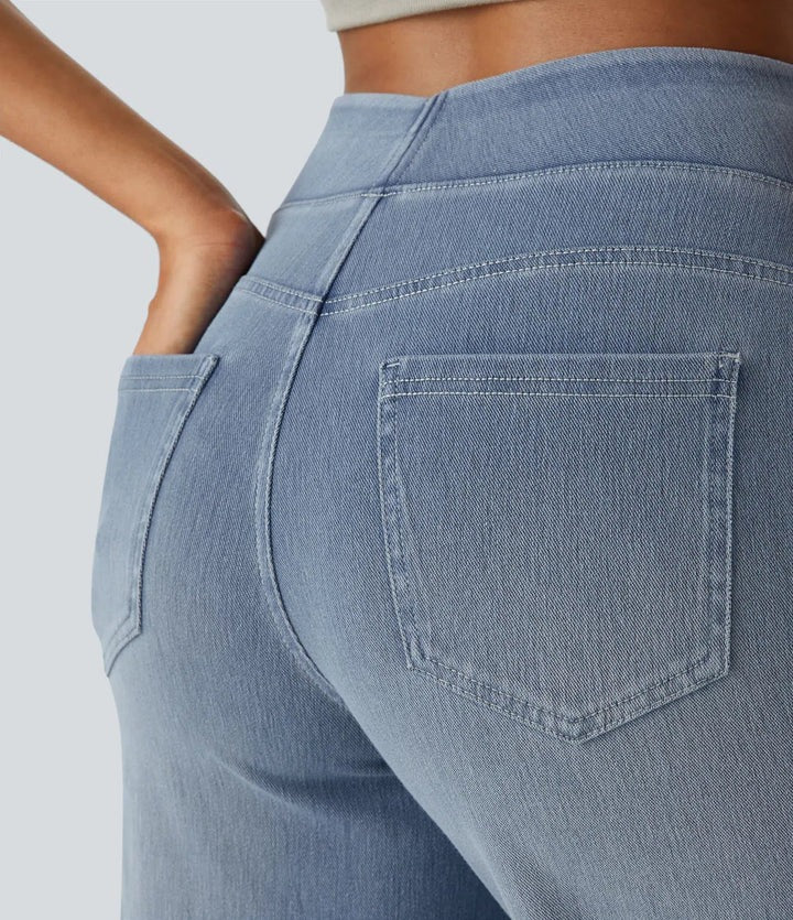 High Waist Wide Leg Jeans Pull-On Waistband Stretch Denim