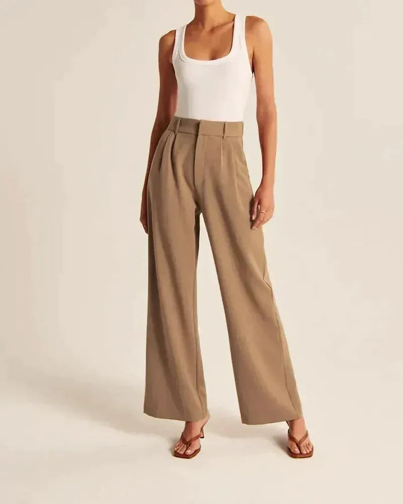 High Waist Wide Leg Tailored Trousers Pleated Front