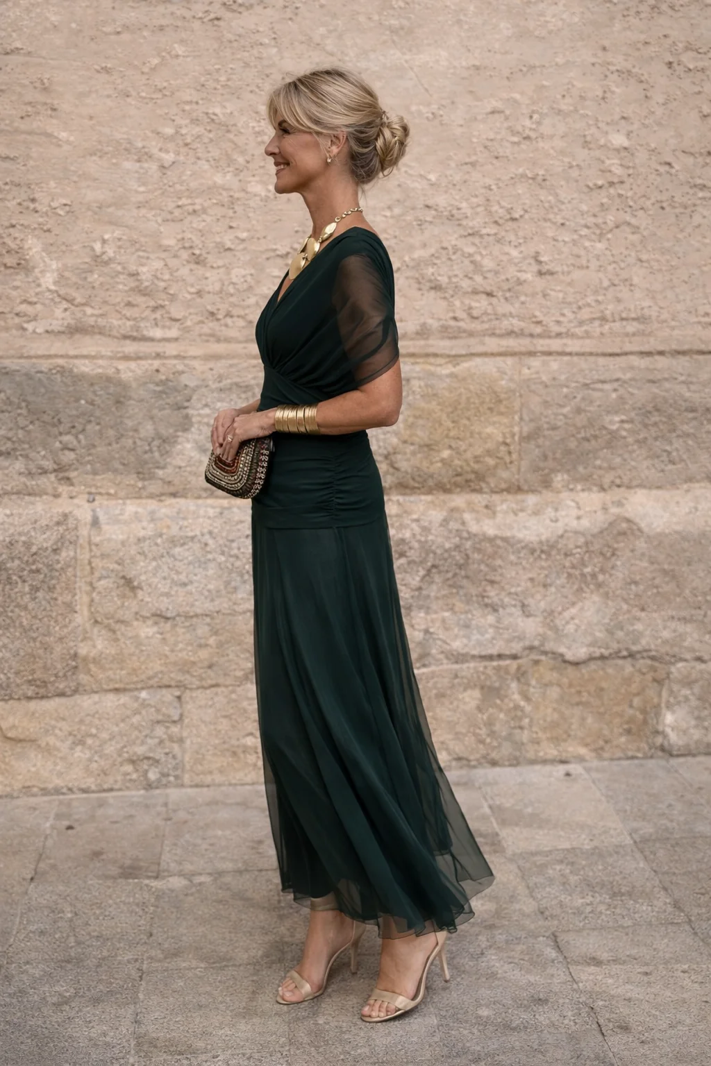 Chiffon Maxi Dress V-Neck Ruched Waist Floaty Sleeves